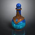 Decorative Blue Glass Bottle With Shiny Bronze Decor Elements For Home Decoration