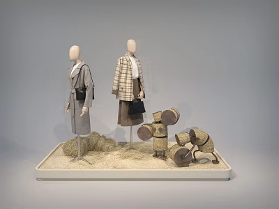 Stylish Window Display with Mannequins Coats Plaid Dress Handbags and Woven Decorations 3d model