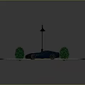 Blue Sports Car Parked in Parking Space With Green Plants and Street Lamp
