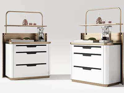 Modern Bar Counter Design With White Cabinets Black Handles Wooden Base And Gold Metal Shelf 3d model