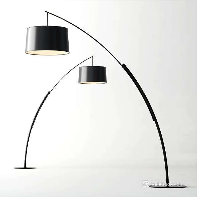 Two Black Modern Arc Shaped Floor Lamps With Drum Shades In White Interior 3d model 