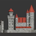 Cartoon Castle Scene Featuring Red Spires Multiple Towers Gray White Walls Small Windows and Doors