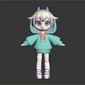 Cute Cartoon Character With Pink Horns Light Green Hoodie Pink Bell Purple Hair Green Eyes