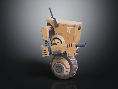 Yellow Mechanical Unit 05 Robot With Wheel Antenna And Cannon Structure 3d model