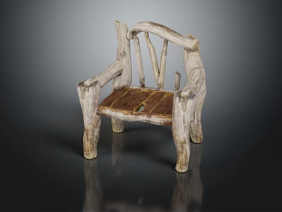 Natural Rustic Wooden Lounge Chair With Unique Handcrafted Design And Brown Seat 3d model