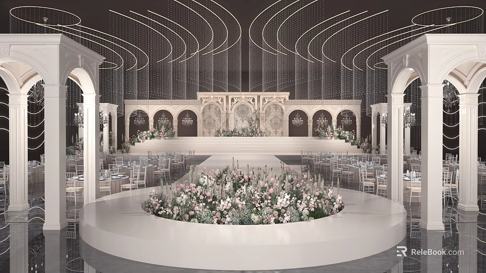 Modern Banquet Hall With Curved Lighting Decorative Stage And Floral Arrangements 3d model 