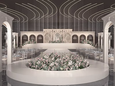 Modern Banquet Hall With Curved Lighting Decorative Stage And Floral Arrangements 3d model