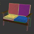 Two Seater Sofa with Wooden Frame and Blue Plaid Fabric Armrests and Cushions