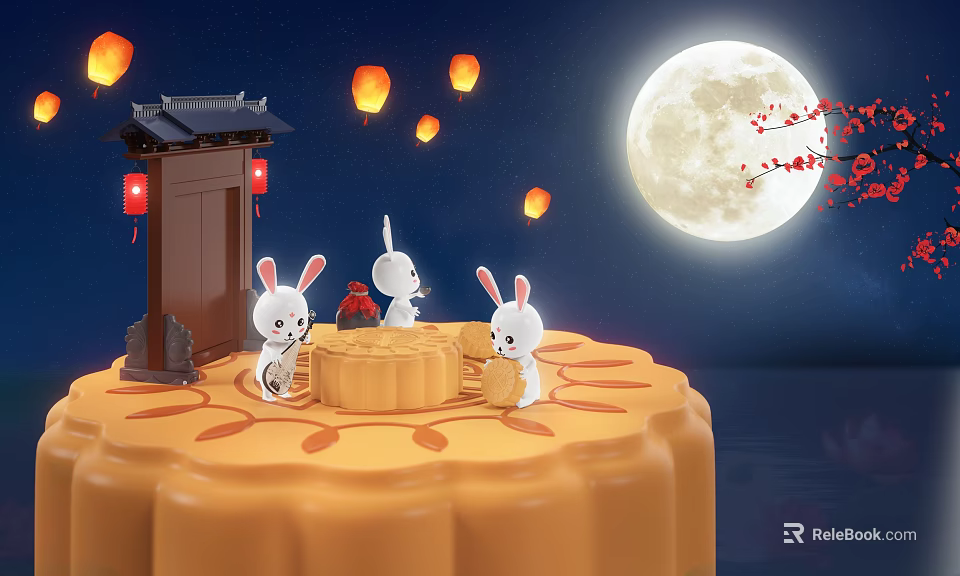 Cartoon Scene With Three Rabbits On Mooncake Platform Lanterns Full Moon Traditional Door And Plum Branch 3d model 