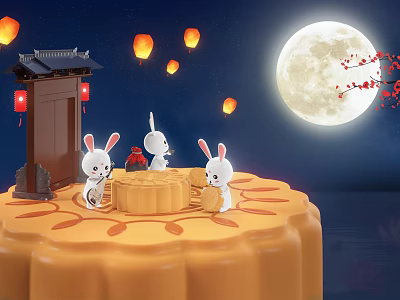 Cartoon Scene With Three Rabbits On Mooncake Platform Lanterns Full Moon Traditional Door And Plum Branch 3d model