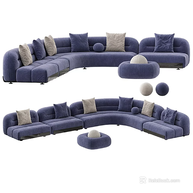 Navy Blue L Shaped Sofa Set With Multiple Cushions And Round Poufs 3d model