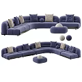 Navy Blue L Shaped Sofa Set With Multiple Cushions And Round Poufs 3d model
