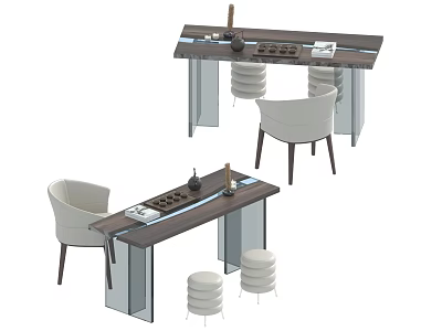 Modern Wooden Table With White Chairs And Round Stools Set 3d model