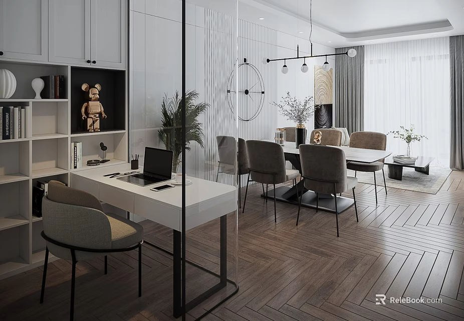 Modern Dining Living Room With Wooden Dining Table Chairs Pendant Lights And Green Plants 3d model 