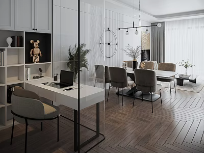 Modern Dining Living Room With Wooden Dining Table Chairs Pendant Lights And Green Plants 3d model