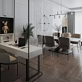 Modern Dining Living Room With Wooden Dining Table Chairs Pendant Lights And Green Plants