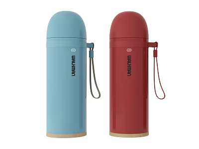 UMBRAHOLD Blue And Red Insulated Vacuum Flask With Lanyard And Wooden Base Design 3d model