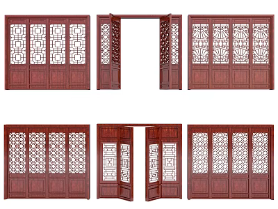 Antique Wooden Door Temple Wooden Door Hollow-out Pattern Door Solid Wood Pattern Door 3d model