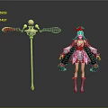 Woman In Traditional Outfit With Long Hair And Decorative Staff Standing