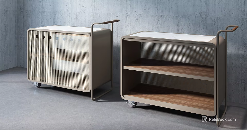 Modern Rolling Storage Carts With Metal Mesh Panels And Wooden Shelves 3d model 