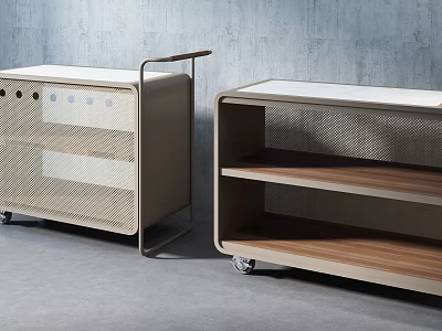 Modern Rolling Storage Carts With Metal Mesh Panels And Wooden Shelves 3d model