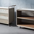 Modern Rolling Storage Carts With Metal Mesh Panels And Wooden Shelves