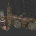 Vintage Bicycle Next To Wooden Planter With Decorative Net Background And Small House Decoration