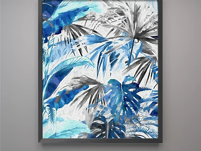 Botanical Painting With Blue Gray White Tropical Palm Monstera Leaves Design 3d model