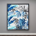 Botanical Painting With Blue Gray White Tropical Palm Monstera Leaves Design