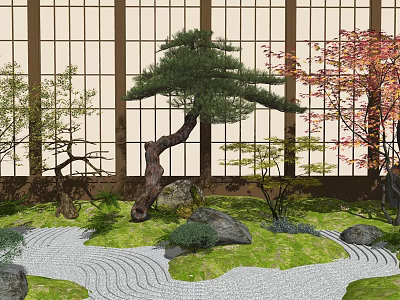Japanese Garden Ornament with Curved Pine Tree Rock Path Moss and Red Maple 3d model