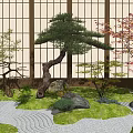 Japanese Garden Ornament with Curved Pine Tree Rock Path Moss and Red Maple