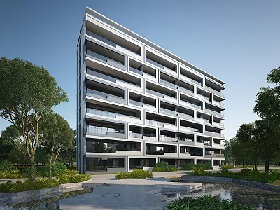 Modern Residential Building With Multiple Balconies And Green Surroundings Including Water Elements 3d model