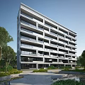 Modern Residential Building With Multiple Balconies And Green Surroundings Including Water Elements