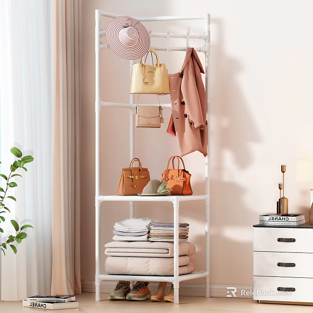 Multi tiered White Clothes Rack with Hanging Coat Handbags and Stacked Towels in Modern Bedroom 3d model 