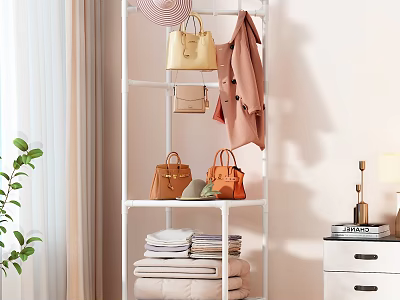 Multi tiered White Clothes Rack with Hanging Coat Handbags and Stacked Towels in Modern Bedroom 3d model