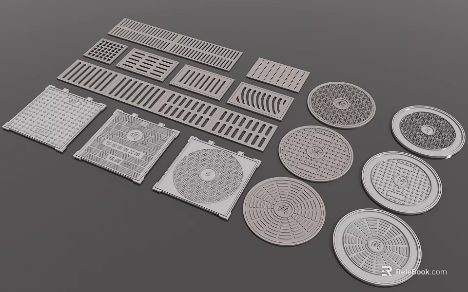 Various Manhole Covers With Different Grid Patterns And Circular Square Shapes 3d model 