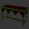 Red Wooden Reception Desk With Carved Arched Details And Decorative Legs