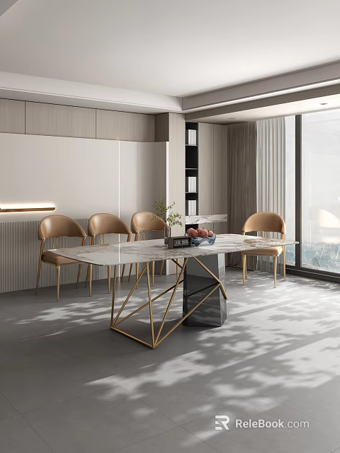 Luxury Modern Dining Table Set with Marble Tabletop Golden Frame and Four Light Brown Chairs 3d model 