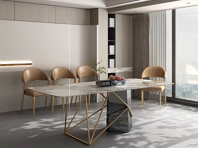 Luxury Modern Dining Table Set with Marble Tabletop Golden Frame and Four Light Brown Chairs 3d model