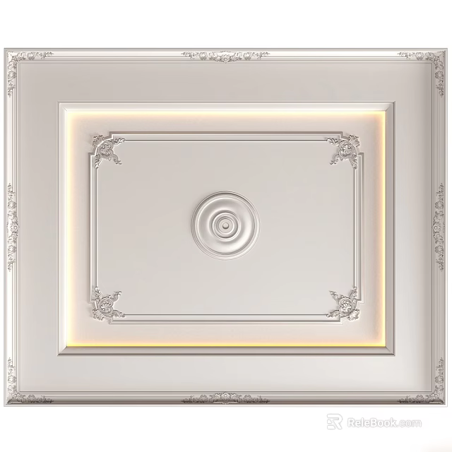 White Ceiling Design With Ornate Borders Central Circular Decoration And LED Light Strip 3d model