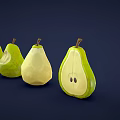 Fresh Green Pears Displayed in Whole Bitten and Sliced States on Dark Background
