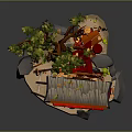 Ancient Wooden Cart with Red Canopy Tree and Decorative Elements on Stone Platform