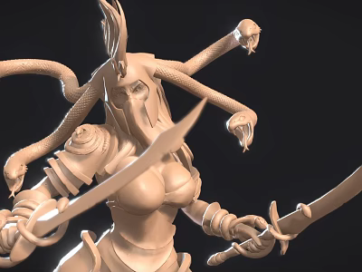 Detailed Female Sculpture Carving With Snake Hair In Armor Holding Double Swords 3d model