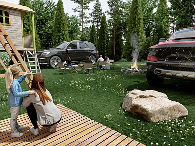 Garden Landscape With Lush Grass Wooden Deck Campfire Area Trees Rock And Parked Vehicles 3d model