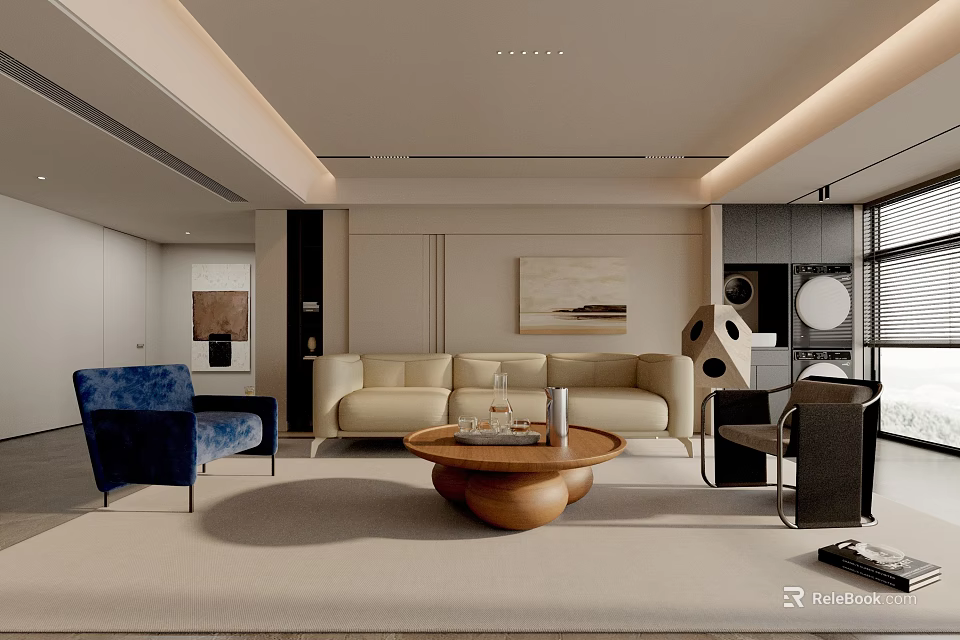 Modern Living Room Interior With Beige Sofa Blue Accent Chair And Wooden Coffee Table 3d model 