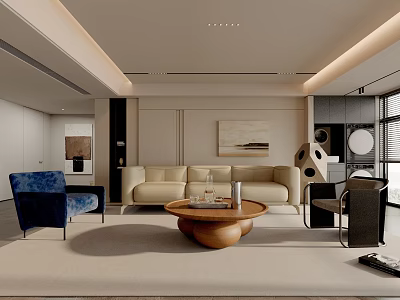 Modern Living Room Interior With Beige Sofa Blue Accent Chair And Wooden Coffee Table 3d model