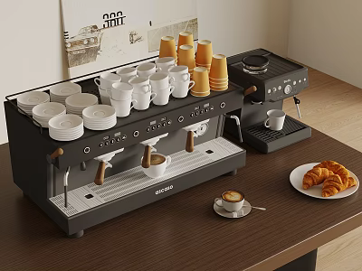Professional Espresso Coffee Machine With Stacked Cups Saucers And Fresh Croissants On Kitchen Counter 3d model