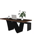 Wooden Desk With Black Metal W Shaped Legs Laptop Coffee Cup And Green Plant