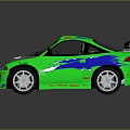 Green Modified Racing Car With Blue Orange Flame Decals Rear Spoiler SHAD Logo White Wheels