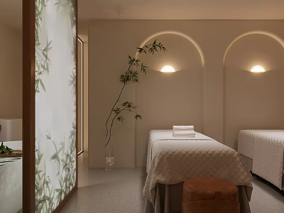 Serene SPA Room With Massage Beds Bamboo Screen And Warm Lighting 3d model
